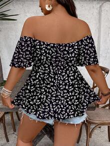 SHEIN VCAY Plus Size Women Elegant Floral Print Sexy Off-Shoulder T-Shirt - Multicolor - View 2