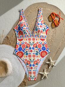 Swim Lushoire Áo tắm liền thân cổ chữ V khoét sâu họa tiết retro mới về, kiểu dáng trưởng thành, mùa xuân/hè. - Nhiều màu - Xem 5