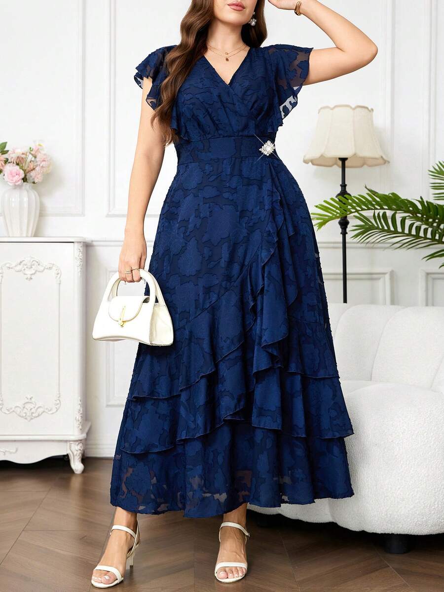 Reflora Vestido elegante de talla grande azul marino para invitada de boda de verano, con cuello en V, patchwork de malla, manga corta, unicolor, vestido formal de fiesta para mujer, madre del novio - Azul - Ver 1