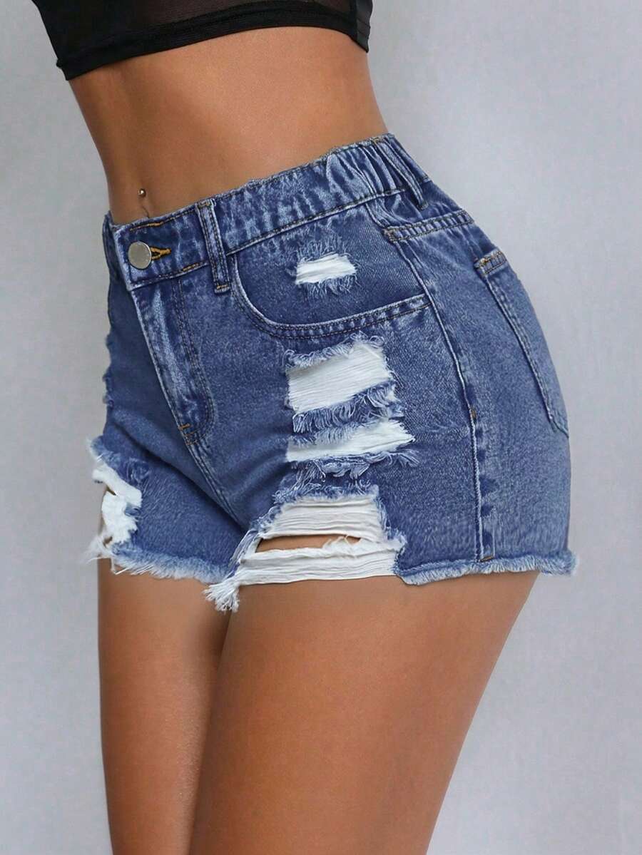 Teen Girl Casual Spring Summer Y2K Light Washed Low Rised Raw Hem Distressed Denim Shorts,Y2K Summer Boho Beach Vacation Concert Rave Festival, Beach For Girl, Vacation Girl, Valentine's Day - Dark Wash - View 1