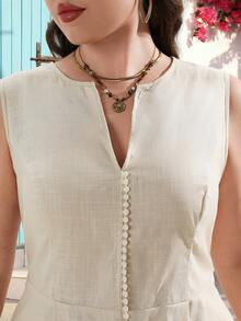 Miaspire Plus Size Women V-Neck Slit Dress - Khaki - View 3