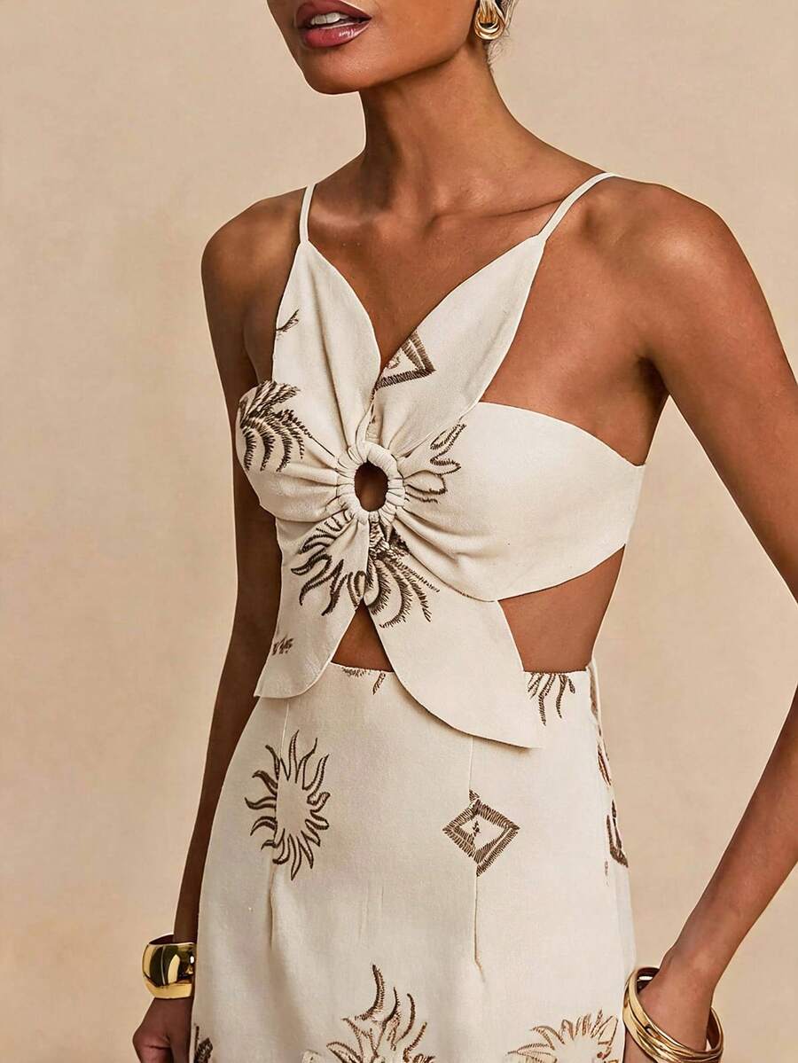 Travachic Women's Summer Vacation Beach Embroidered Backless Spaghetti Strap Dress - Apricot - View 1