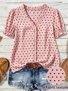 Linhara Polka Dot V-Neck Ruffle Hem Blouse, Loose Fit Flattering Plus Size Shirt - Pink - View 1