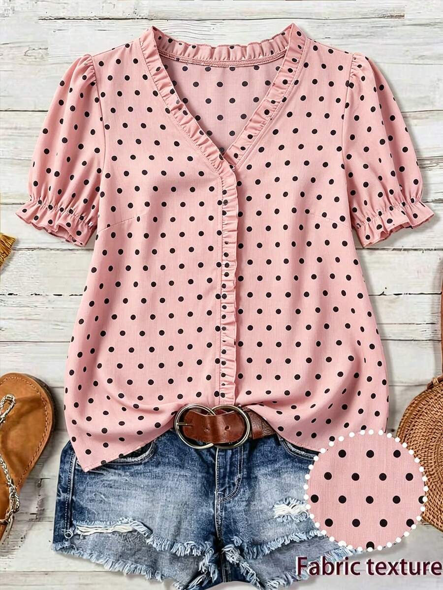 Linhara Polka Dot V-Neck Ruffle Hem Blouse, Loose Fit Flattering Plus Size Shirt - Pink - View 1