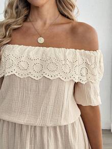 Weeklong Plus Size Casual Comfortable Off Shoulder Cutout Cotton Linen Dress - Khaki - View 7