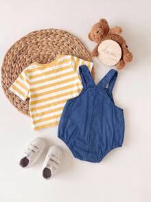 Newborn Baby Girl Casual Cute Cartoon Pattern Bib Pants & Striped T-Shirt Set - Blue - View 2