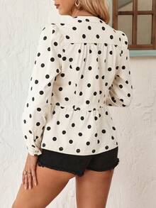 EMERY ROSE Women's Casual French Style Frenchy Vacation Commute Work Black White Polka Dot Polka Dot Print Single-Breasted Denim Jacket, Spring/Autumn - Beige - View 7
