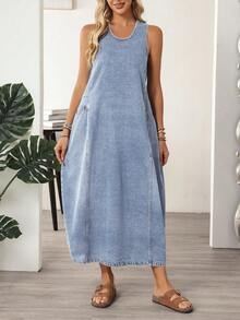 EMERY ROSE Vestido vaquero informal sin mangas de talla grande - Lavado ligero - Ver 4