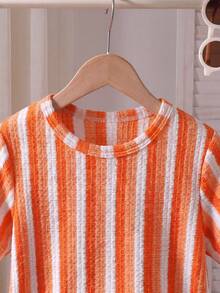 Souflis Souflis Young Boy Summer Beach Vacation Colorblock Striped Print Textured Fabric Short Sleeve T-Shirt And Waffle Fabric Shorts Set - Orange - View 5