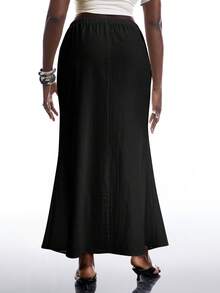 SHEIN EZwear 大尺碼女款春夏休閒傳統度假風黑色亞麻魚尾長裙，抽繩腰頭，魚尾裙 - 黑色 - 查看 2