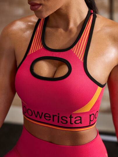 Powerista Women's Letter Embroidery Striped Contrast Color Hollow Out Sports Bra