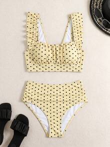 Swim Basics 2 pezzi Set di top e pantaloncini da donna per l'estate, elegante e minimalista, per vacanza, a pois bianchi e neri, con volant sulle spalline, plissettato sulla parte anteriore e vita alta con arricciatura sui pantaloncini a triangolo - Giallo chiaro - Visualizzare 5