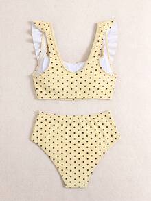 Swim Basics 2 pezzi Set di top e pantaloncini da donna per l'estate, elegante e minimalista, per vacanza, a pois bianchi e neri, con volant sulle spalline, plissettato sulla parte anteriore e vita alta con arricciatura sui pantaloncini a triangolo - Giallo chiaro - Visualizzare 6