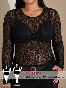 SHEIN Tall CURVE 大尺碼女款蕾絲拼接長袖上衣，黑色秋季優雅正式晚裝，適合夜店、夜生活、極簡高腰嘉年華風格 - 黑色 - 查看 2