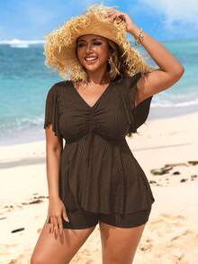 Swim Lushoire Conjunto de tankini de 2 piezas con cordón delantero y tela acanalada de unicolor en talla, para la playa y el verano - Marrón - Ver 4