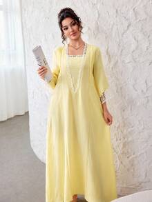 Yasmyna Romantic Lace Patchwork Ruffle Long Sleeve Loose Flowy Slimming Elegant Lady Date Dress - Yellow - View 5
