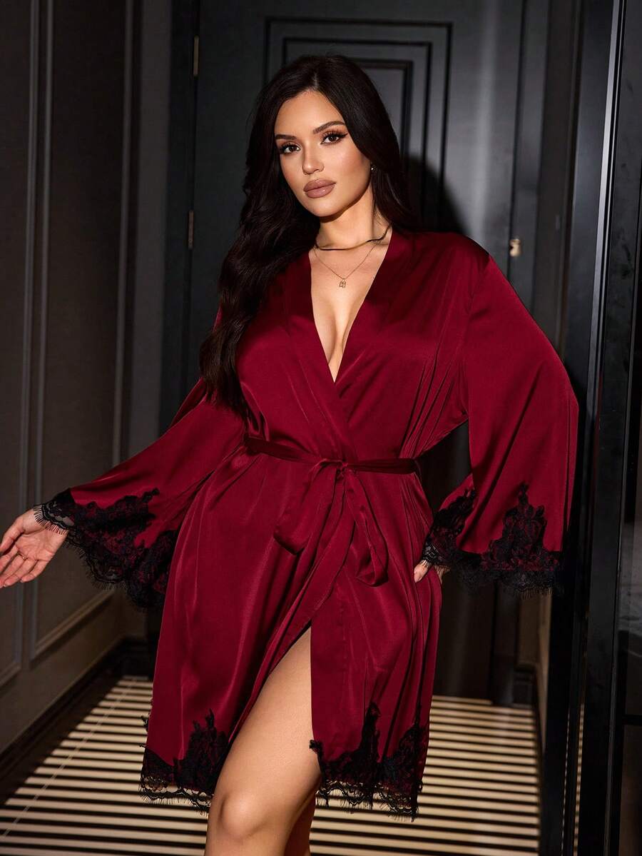 SilkySpell Elegant Burgundy Satin Lace Asymmetrical Ruffle Hem Robe, Luxurious Loungewear Night Wedding Autumn - Burgundy - View 1