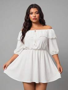 Enliva Vestido Blanco Talla Grande con Hombros Descubiertos, Volantes, Ajuste Holgado y Manga Corta, Para Body Forma de Manzana y Redondeado - Blanco - Ver 8