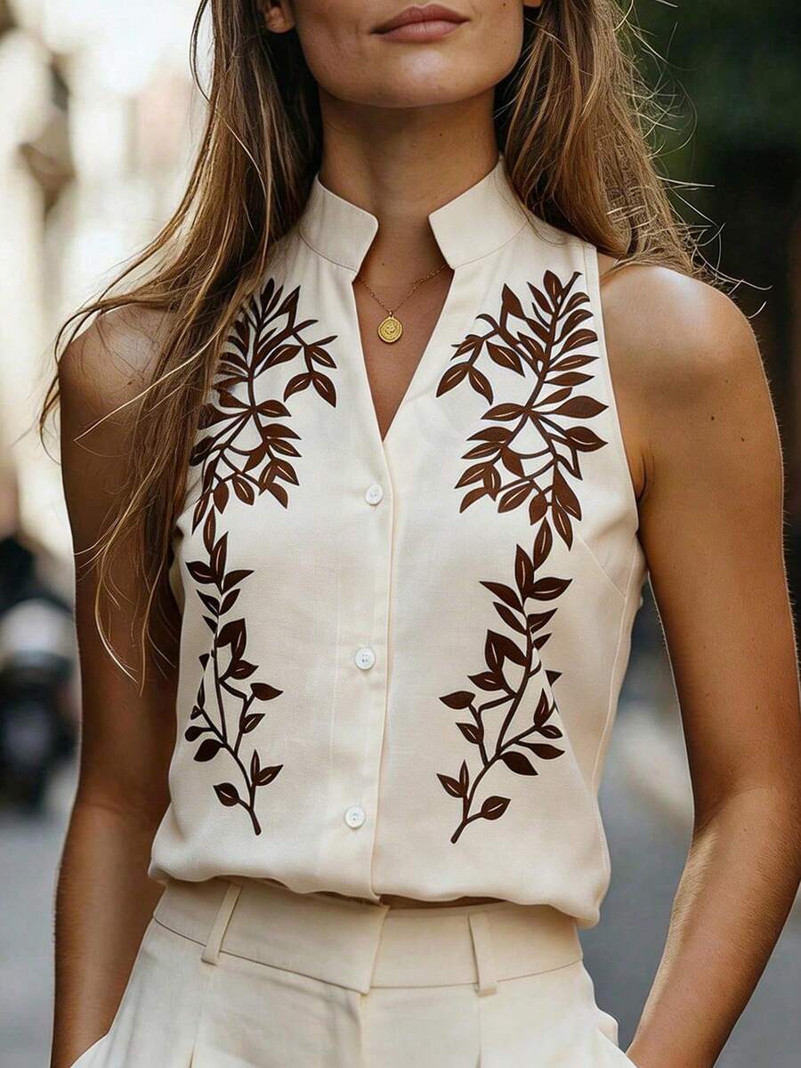 SHEIN LUNE 女士热带植物印花单排扣时尚百搭吊带背心 - 棕色 - 查看 1