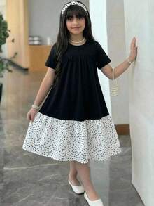 SHEIN Tween Girls' Casual Everyday Comfortable Color Block Patchwork Dress - Multicolor - View 3