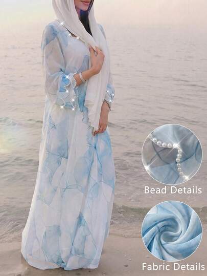 Al Najma Spring Summer Fashionable Elegant Square Neck Flare Asymmetrical Sleeve Bubble Pearl Decor Dress