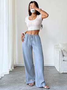 SHEIN Tall 女款長褲，紋理布料，腰部繫帶，適合高個女性 - 藍色 - 查看 6