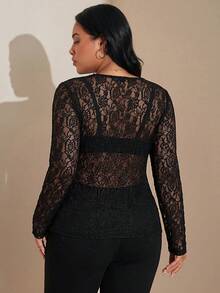 SHEIN Tall CURVE 大尺碼女款蕾絲拼接長袖上衣，黑色秋季優雅正式晚裝，適合夜店、夜生活、極簡高腰嘉年華風格 - 黑色 - 查看 4
