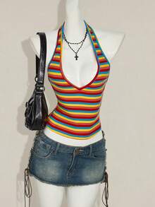 SHEIN ICON Áo crop top cổ yếm thắt nơ gợi cảm họa tiết sọc cầu vồng - Nhiều màu - Xem 4