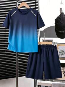[Random 3 Sets,Send 1 Sets] Tween Boy Light Blue,Summer,Casual,Gym Minimalist Round Neck Short Sleeve T-Shirt And Shorts Set Comfortable Outfits - White - View 3