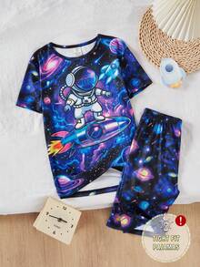青少年男孩黑色極簡太空人與行星螢光印花短袖T恤與短褲2件式睡衣套裝 - 彩色 - 查看 6