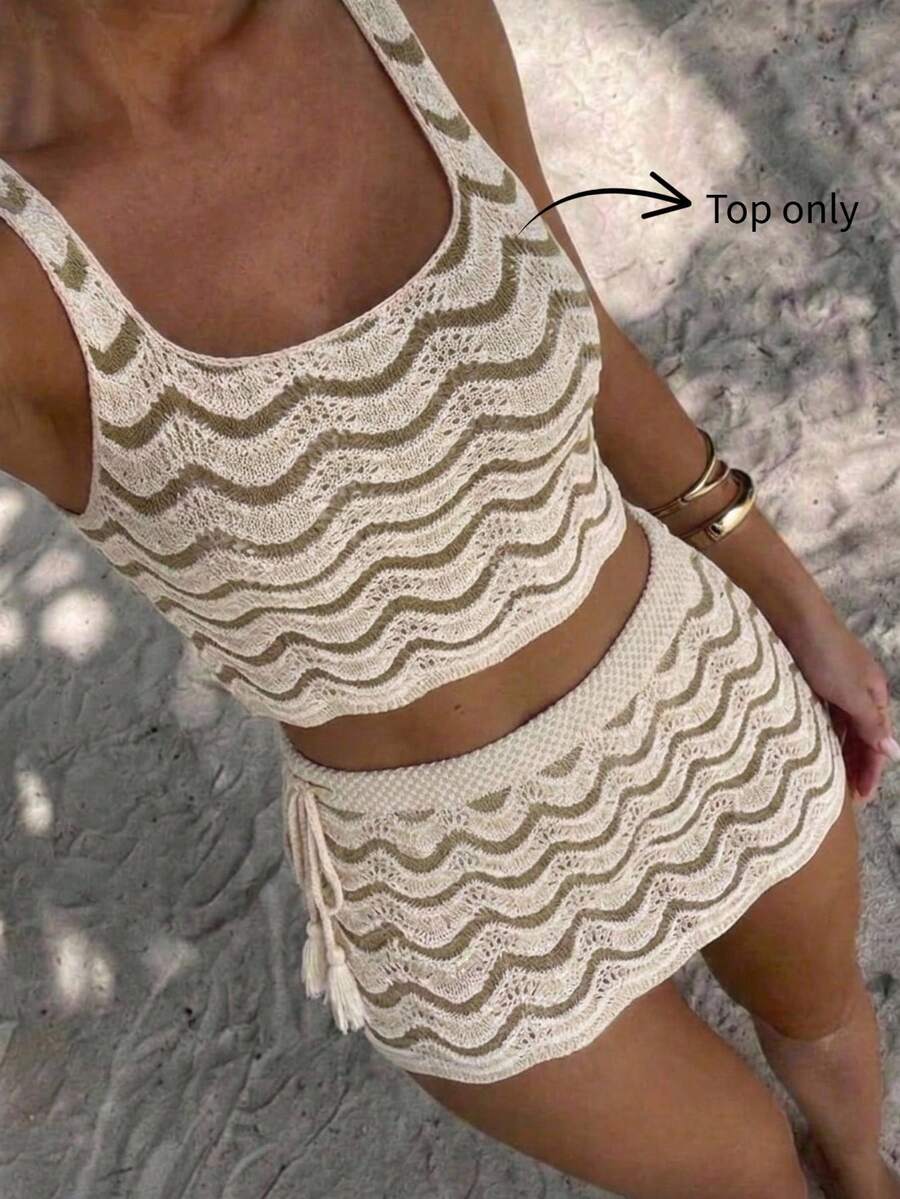 Swim Chiccia 2026 Printemps/Été Marron & Beige Contraste Texture Ondulée Tricot Élégant Resort Plage décontracté Couvre-maillot Pour Femmes - Multicolore - Voir 1