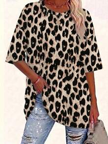 EMERY ROSE Big Size Leopard Print Casual Round-Neck T-Shirt Date Night Beige Summer - Multicolor - View 1