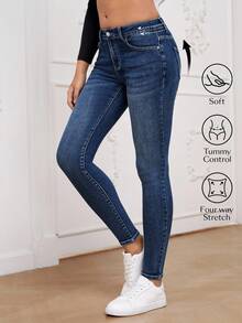 SHEIN Essnce Slant Pocket Skinny Jeans - Dark Wash - View 1