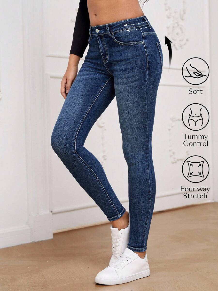 SHEIN Essnce Slant Pocket Skinny Jeans - Dark Wash - View 1