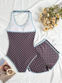 SHEIN 少女条纹印花露背连体泳衣，含露脐上衣和短裤两件套，夏季 - 彩色 - 查看 2