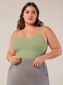 SHEIN BASICS Plus Size Women Solid Color Fitted Casual Smart Casual Camisole Everyday Sage Green Summer Tops - Green - View 3