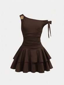 Firerie Kids Firerie Kids Kids Tween Girl Asymmetrical Shoulder Ruched Metallic Rose Cake Dress,Shades Of Brown,Summer,Cute Modest,Elegant,Party Formal Princess Sibling Outfit - Brown - View 5