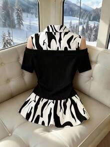 GlowEve CURVE Plus Size Women's Spring/Summer New Casual Elegant Commuter Color Block Shirt Collar Off Shoulder Short Sleeve Fitted Stylish Asymmetric Hem Blouse - Black and White - View 2