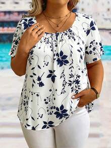 EMERY ROSE Camisa de manga corta con estampado floral de uso diario y versátil para mujer de talla grande - Azul y blanco - Ver 4