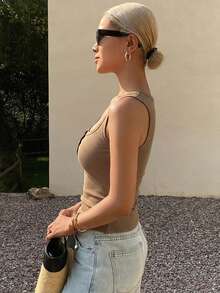 DAZY Women's Square Neck Fitted Ribbed Camisole Top, Summer - Khaki - View 4