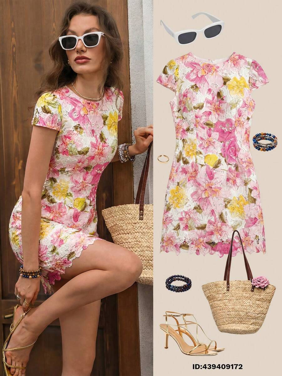 SHEIN Clasi 女士蕾丝碎花不对称下摆浪漫短袖连衣裙 - 彩色 - 查看 1