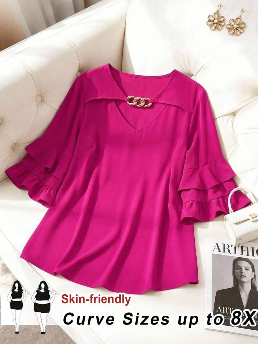 SHEIN CURVE+ Plus Size Women Solid Color Metal Decor Casual Versatile Daily Wear Blouse - Hot Pink - View 1
