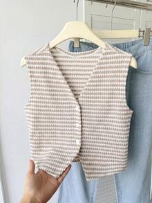 SHEIN Áo tank top không tay cổ chữ V cài cúc phía trước, họa tiết kẻ sọc dành cho bé gái tuổi teen, kiểu áo kẻ sọc, thích hợp mặc mùa xuân hè thu, đi làm, thanh lịch, thường ngày, mặc hàng ngày. - Màu Khaki - Xem 1