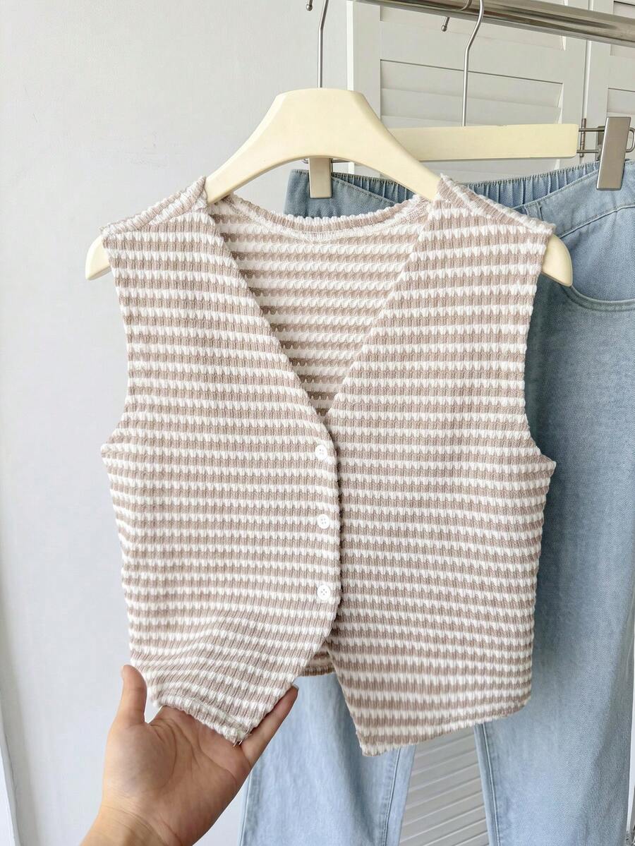 SHEIN Áo tank top không tay cổ chữ V cài cúc phía trước, họa tiết kẻ sọc dành cho bé gái tuổi teen, kiểu áo kẻ sọc, thích hợp mặc mùa xuân hè thu, đi làm, thanh lịch, thường ngày, mặc hàng ngày. - Màu Khaki - Xem 1