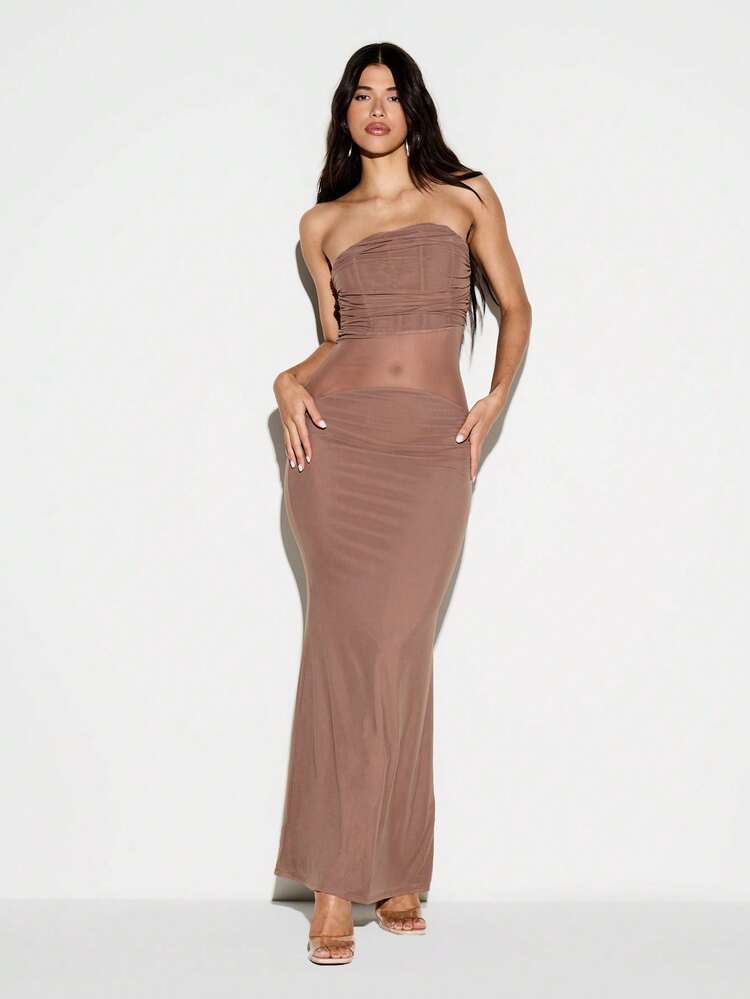 Strapless Ruched Mesh Insert Maxi Dress