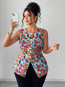 Elenzga Áo kiểu dáng thanh lịch, cỡ lớn, cổ tròn, in hoa, ôm sát, không tay, mở phía trước, áo mùa hè, áo kiểu hoa mùa hè cho nữ, áo đi nghỉ mát sành điệu, trang phục mùa hè cho nữ, áo kiểu thanh lịch cho nữ, áo kiểu thường ngày cho nữ, áo hoa. - Nhiều màu - Xem 7