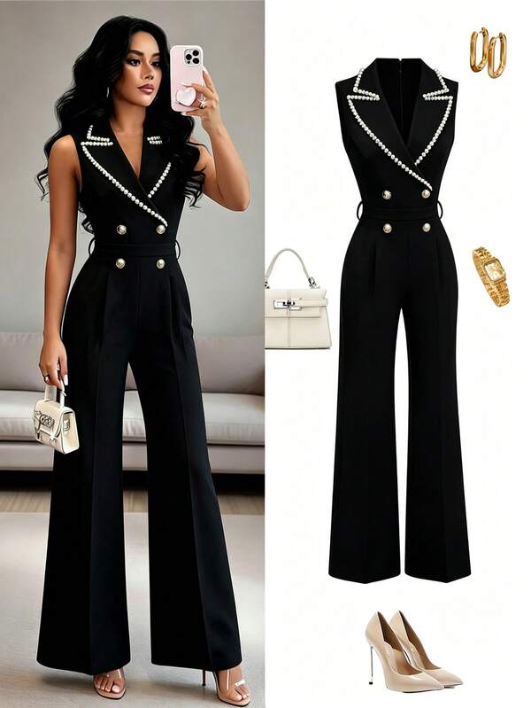 Rafferiza Women's Elegant Pearl Trim Sleeveless Collared Waist Fitted Jumpsuit,Black And White Summer Party Night Office Commuting Daily Minimalist Jumpsuit