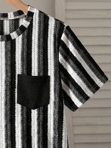 Setelan Kaos Lengan Pendek dan Celana Pendek Bergaris Saku Kasual Musim Panas untuk Anak Laki-Laki Remaja - Hitam - View 6