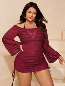 Swim SXY Plus Size Women Solid Color Off-Shoulder Long Sleeve Coverup Dress - Burgundy - View 5