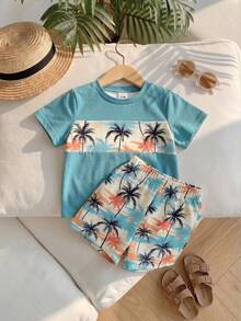 SHEIN Playful Pals 2件組男嬰熱帶植物與椰子樹印花藍色T恤短褲套裝，夏季休閒度假海灘穿搭，適用於6個月至3歲嬰幼兒 - 彩色 - 查看 3